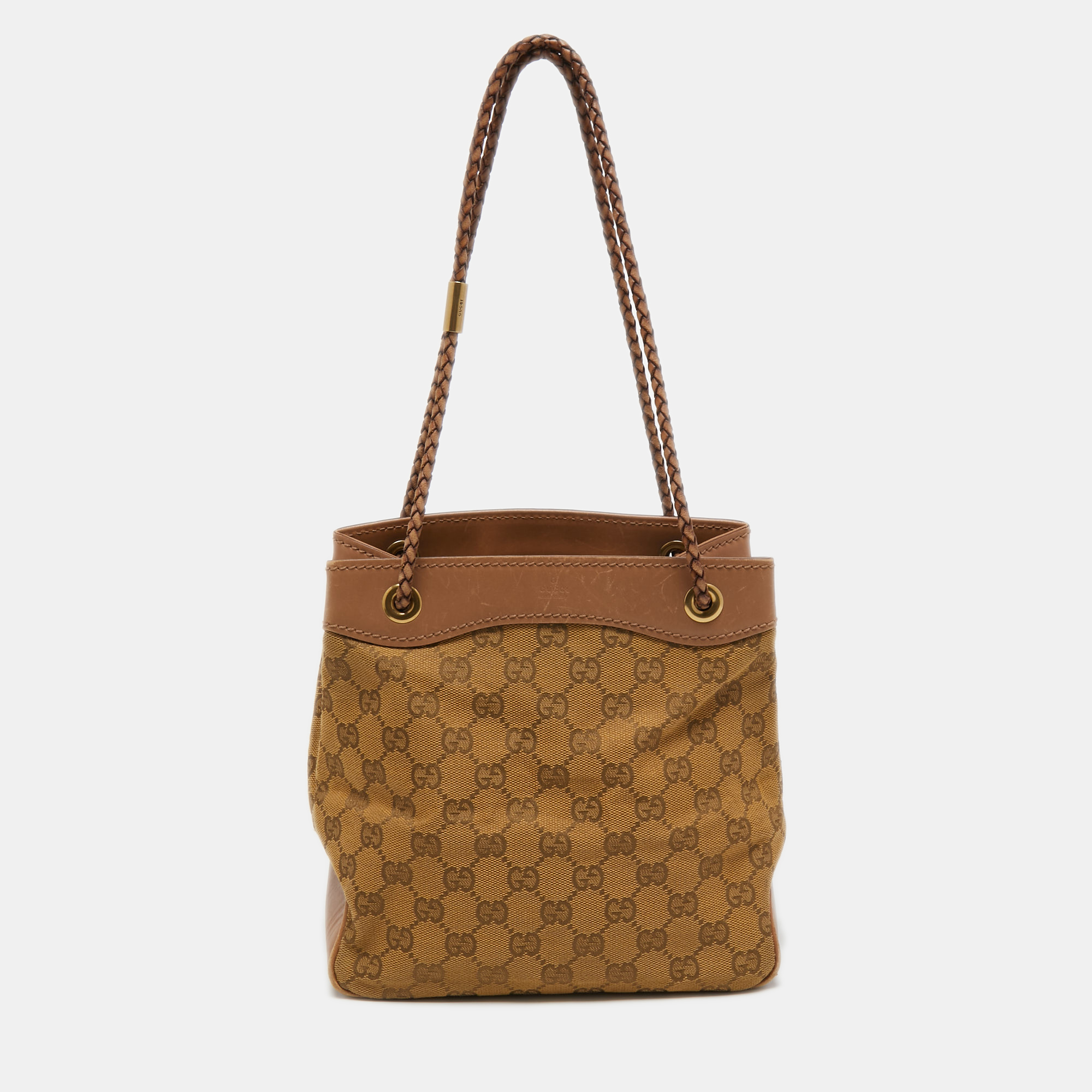 Gucci Beige Gg Canvas And Leather Braided Handle Tote